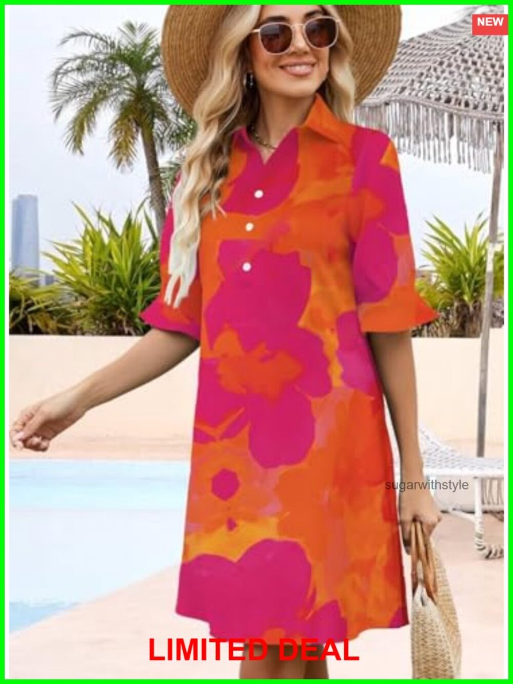Women's Summer Shirt Mini Shift Dress Ruffle Sleeve Button Down - Picture 3 of 6